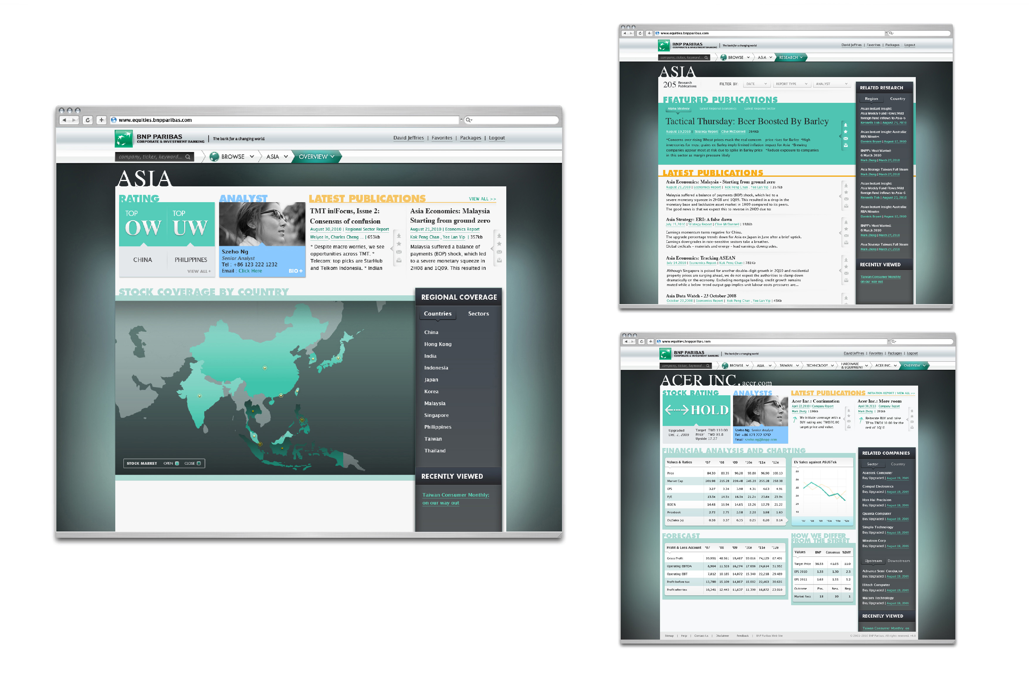 BNP Paribas Asia equity research website concept shown in desktop browser windows, with an interactive Asia map and a publications feed.