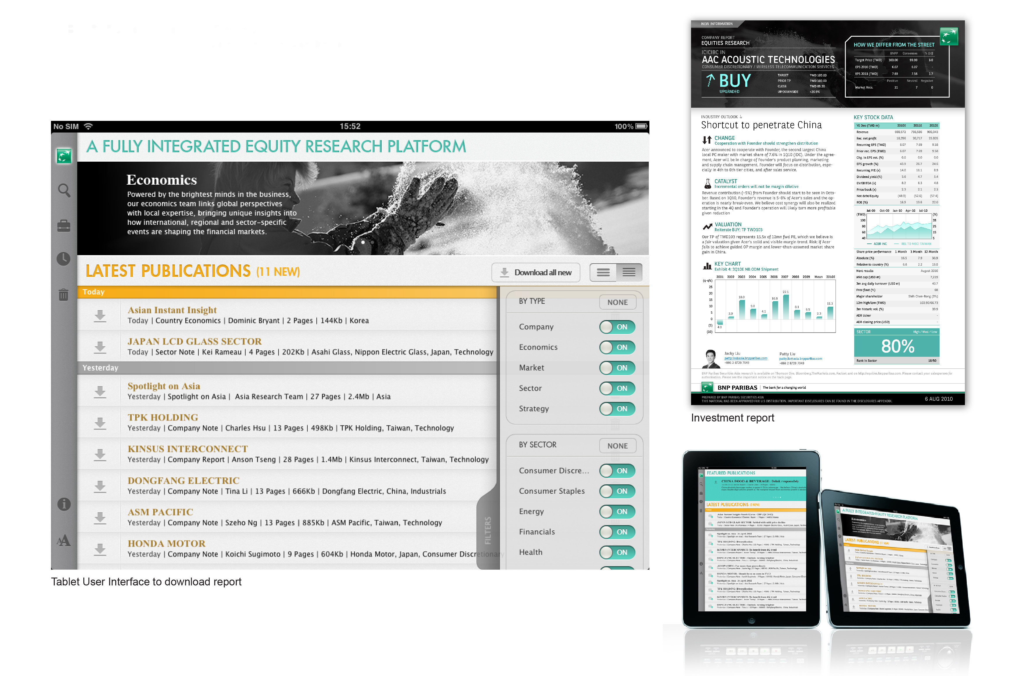 Tablet user interface for downloading research reports, an investment report layout, and the stock screener showing a BUY recommendation with valuation and price charts.