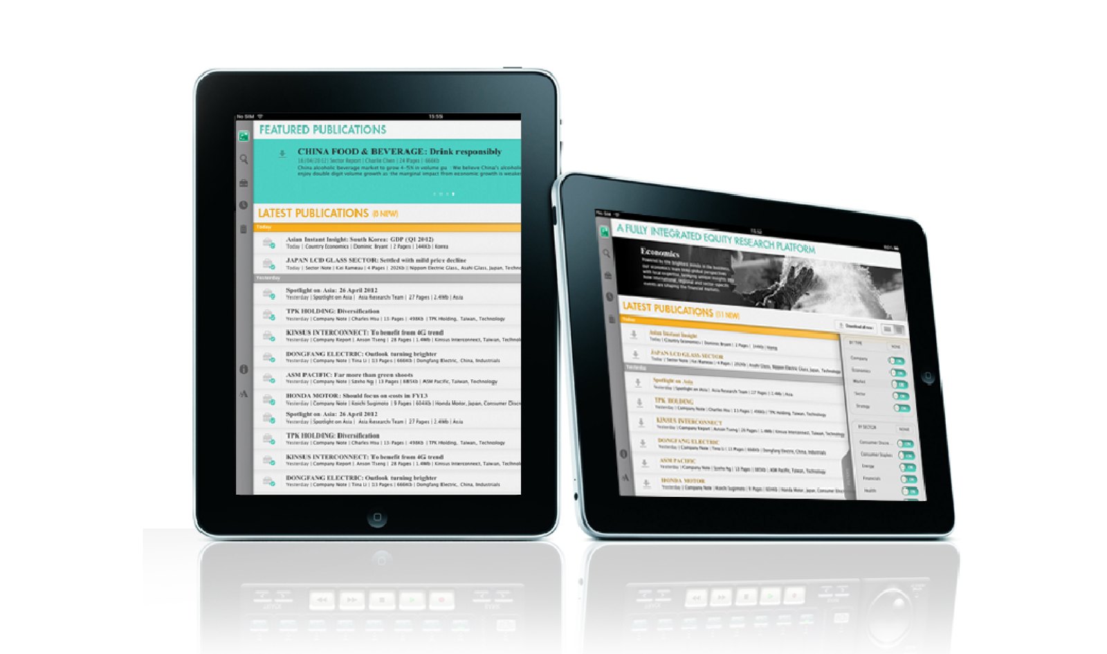 The equity research interface running on two tablet devices in portrait and landscape.