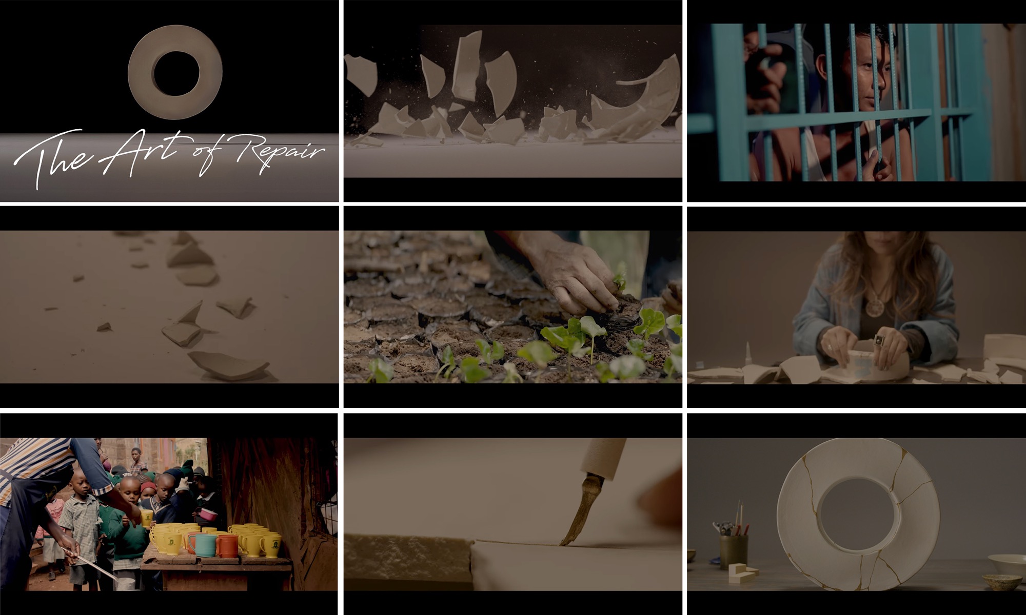 Stills from the opening film The Art of Repair, showing broken ceramics, hands at work, and community scenes