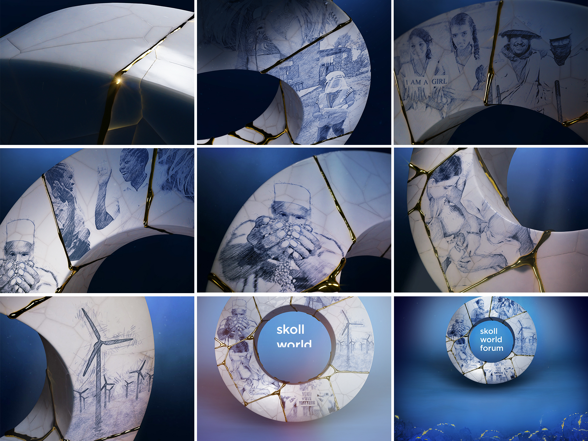 Stills from the main stage intro animation: close views of the gold-repaired kintsugi ring with the Skoll World Forum logo