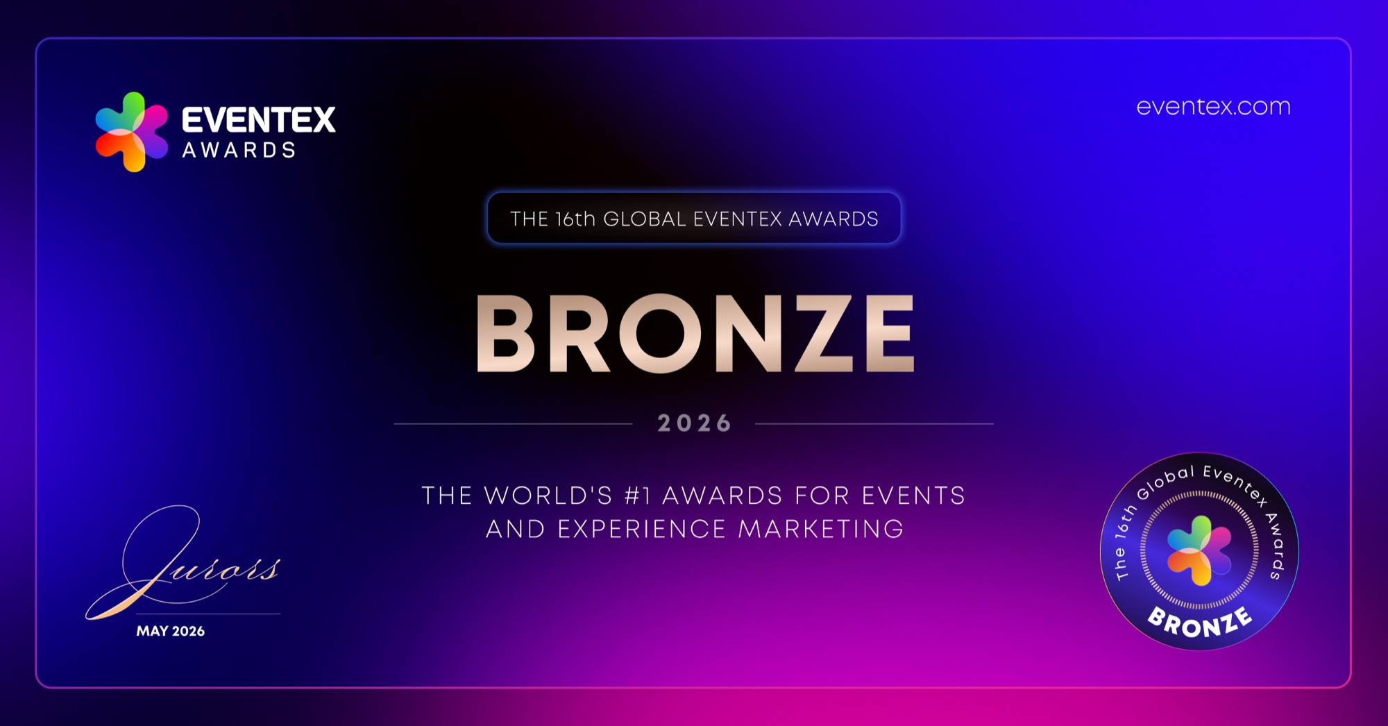 Eventex Awards 2026 Bronze winner badge from the 16th Global Eventex Awards