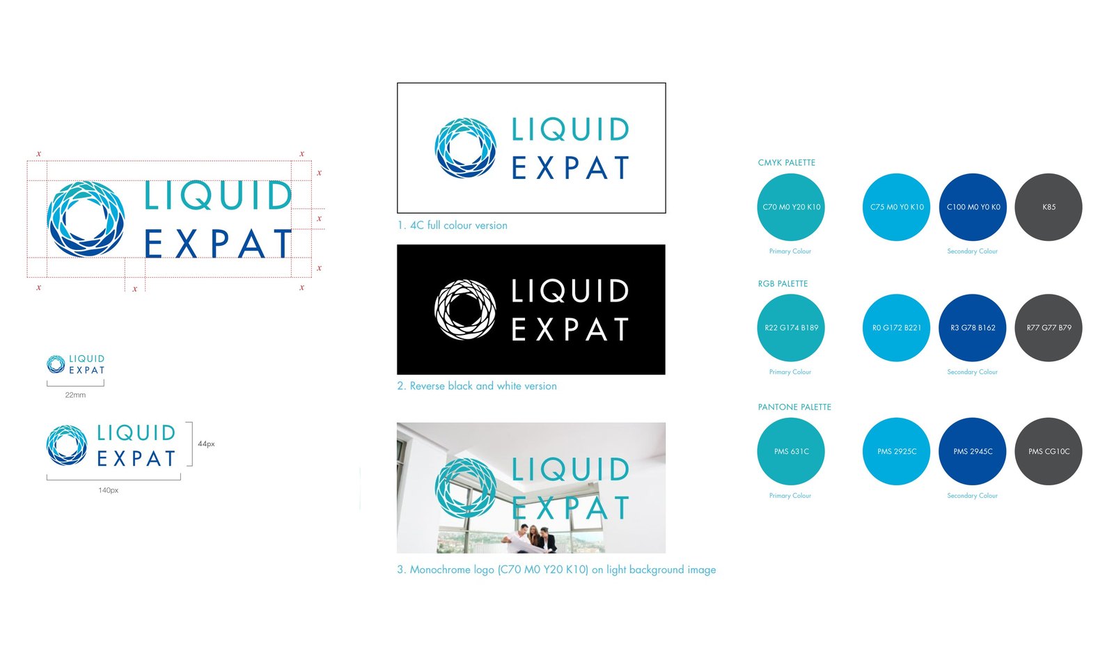 Logo construction grid with clear space marked in x units, the three permitted logo variations, and the brand color palette in CMYK, RGB and Pantone.