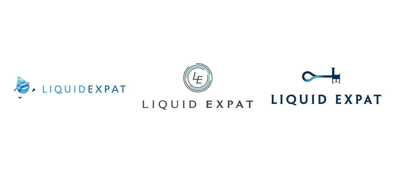 Three opening logo concepts: a water drop formed from swirling banded shapes, an LE monogram inside concentric ripple circles, and a key whose bit forms the letters L and E.