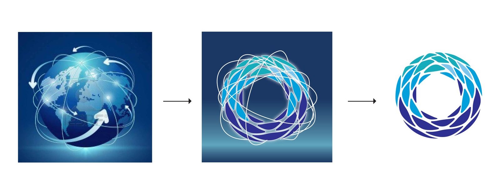 Three stages of development: a photographic globe wrapped in arrows, the same form abstracted into overlapping ripple lines, and the resolved ring mark.