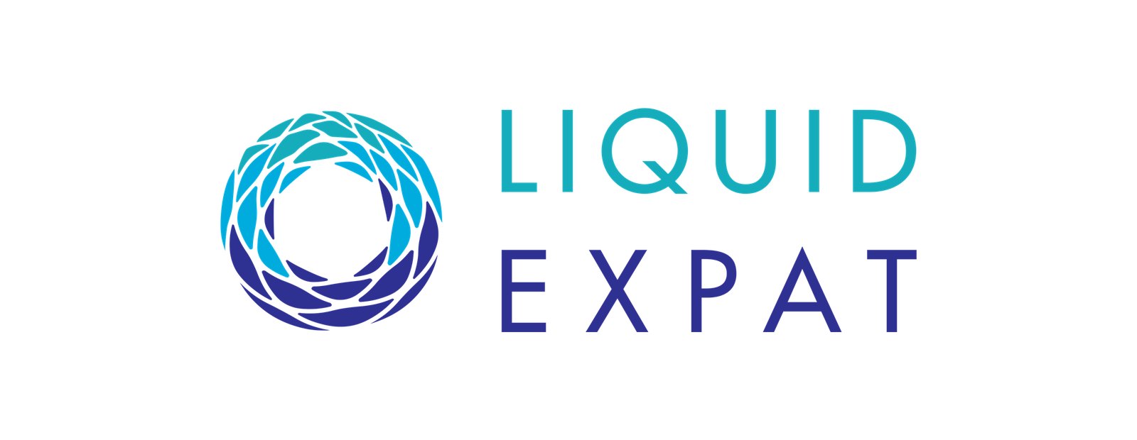 The Liquid Expat brand signature: a ring logomark of overlapping shapes graduating turquoise to deep blue, beside LIQUID EXPAT in two lines of letterspaced capitals.
