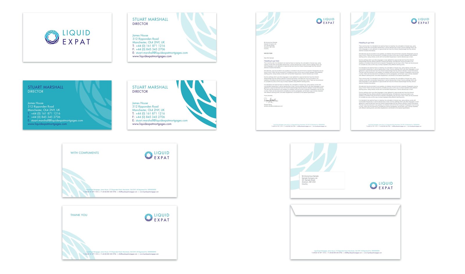 Business cards in four variants, letterhead and continuation sheet, compliment slips and a window envelope, all carrying the watermark device.