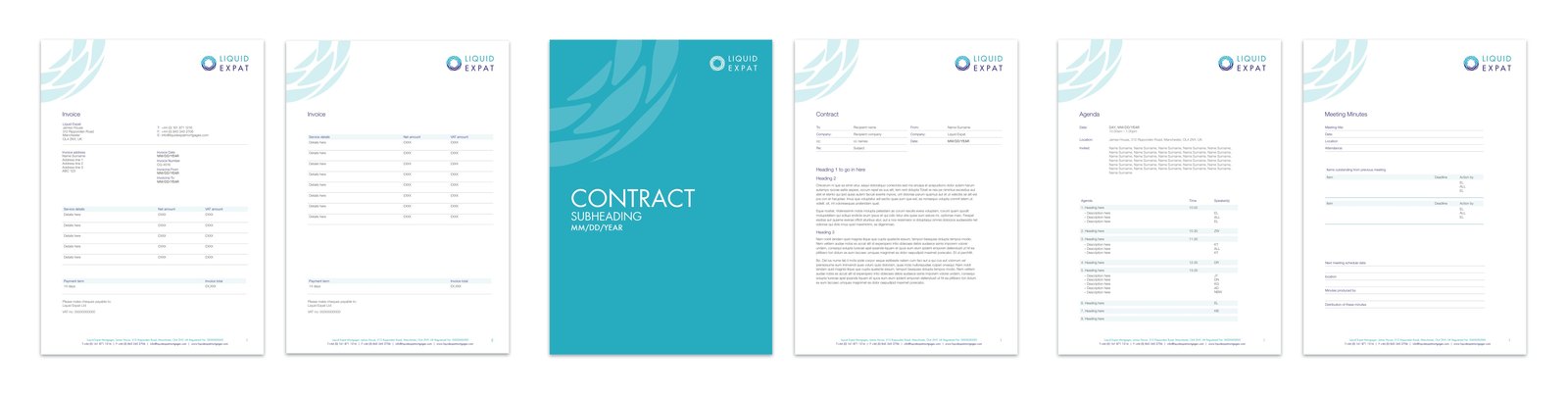 Invoice with tinted table headers, a turquoise flood contract cover with white reversed logo, and Word agenda and meeting minutes templates.