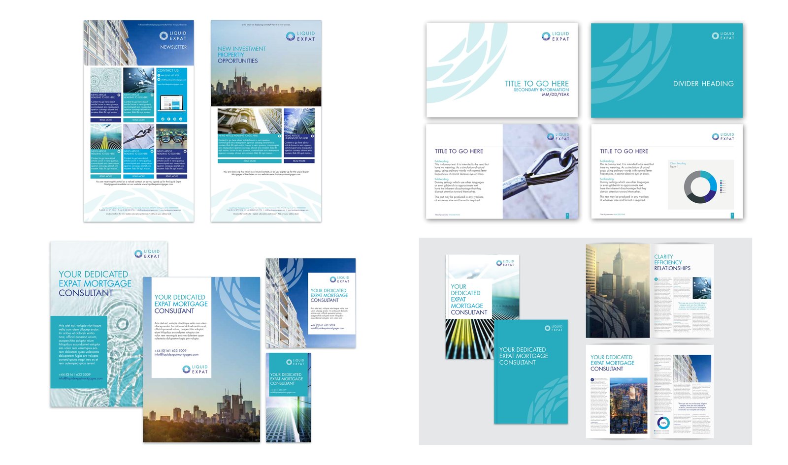 Email marketing templates, PowerPoint masters, A4 adverts with online banner sizes, and the eight page brochure with covers and interior spreads.