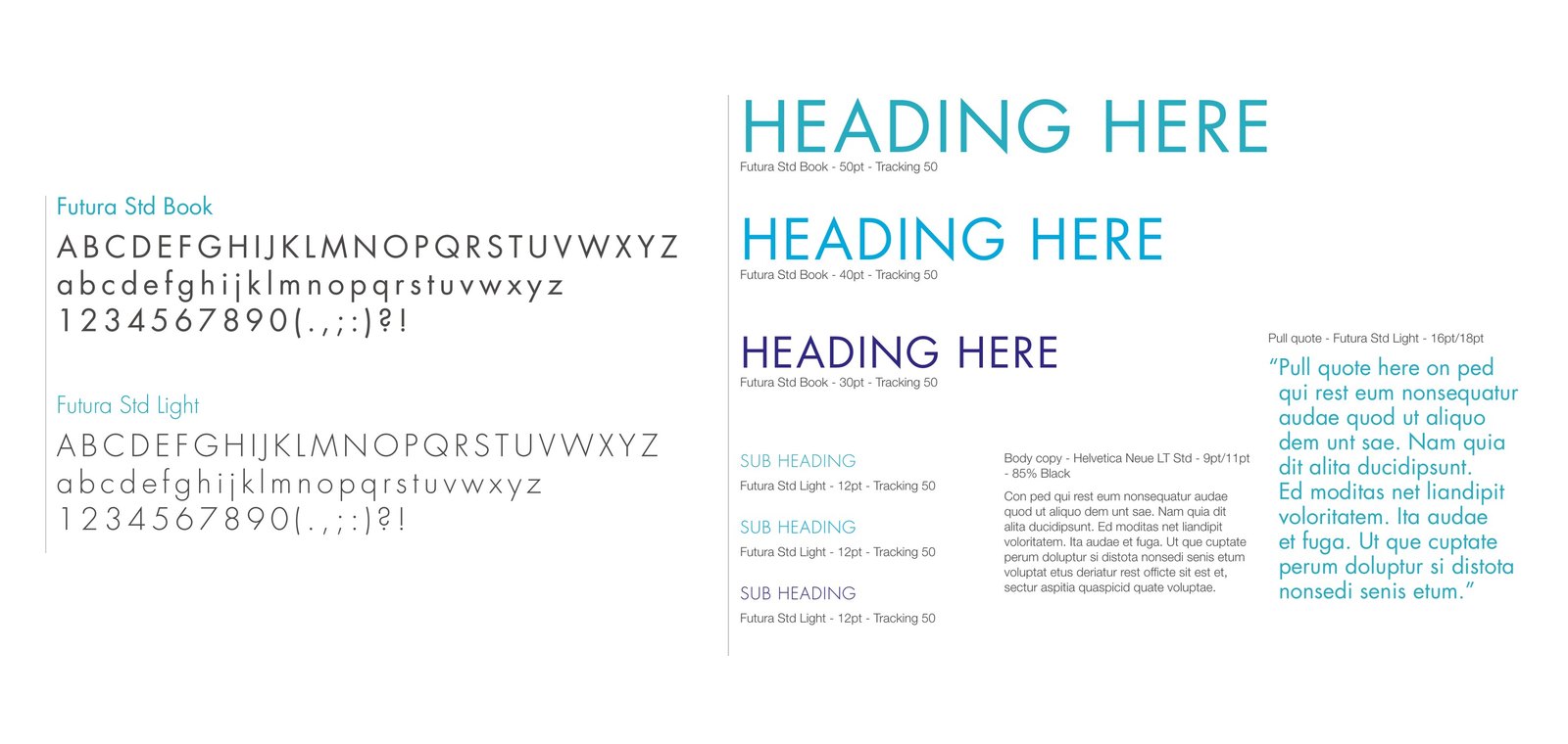 Futura Std Book and Light character sets beside the type scale, showing heading sizes at 50, 40 and 30 point with tracking of 50, subheads, body copy and pull quote.