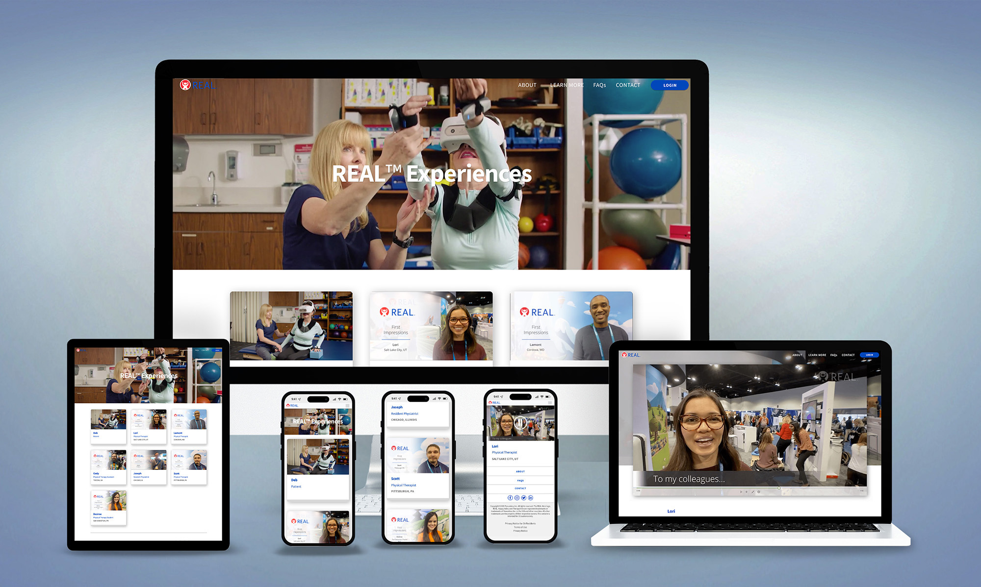 The REAL Experiences site shown across devices &mdash; desktop, tablet, three phone screens and a laptop.