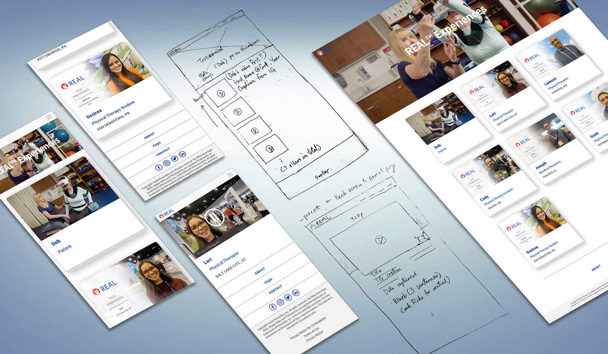 Page layouts and hand-drawn wireframe sketches laid out together, showing the design process behind the screens.