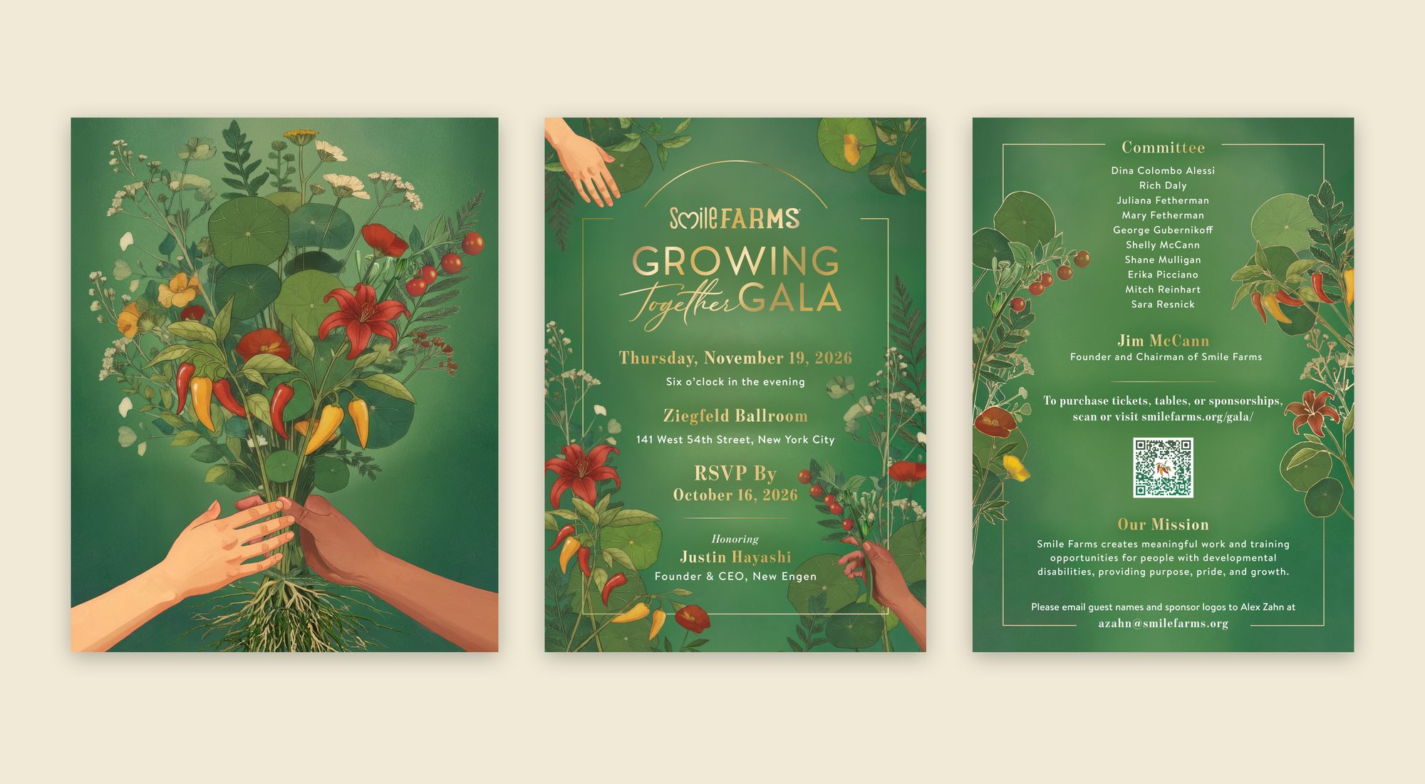 The Growing Together Gala main visual of two hands passing a bouquet of peppers, tomatoes, lilies and nasturtium leaves, shown next to the front and back of the printed invitation