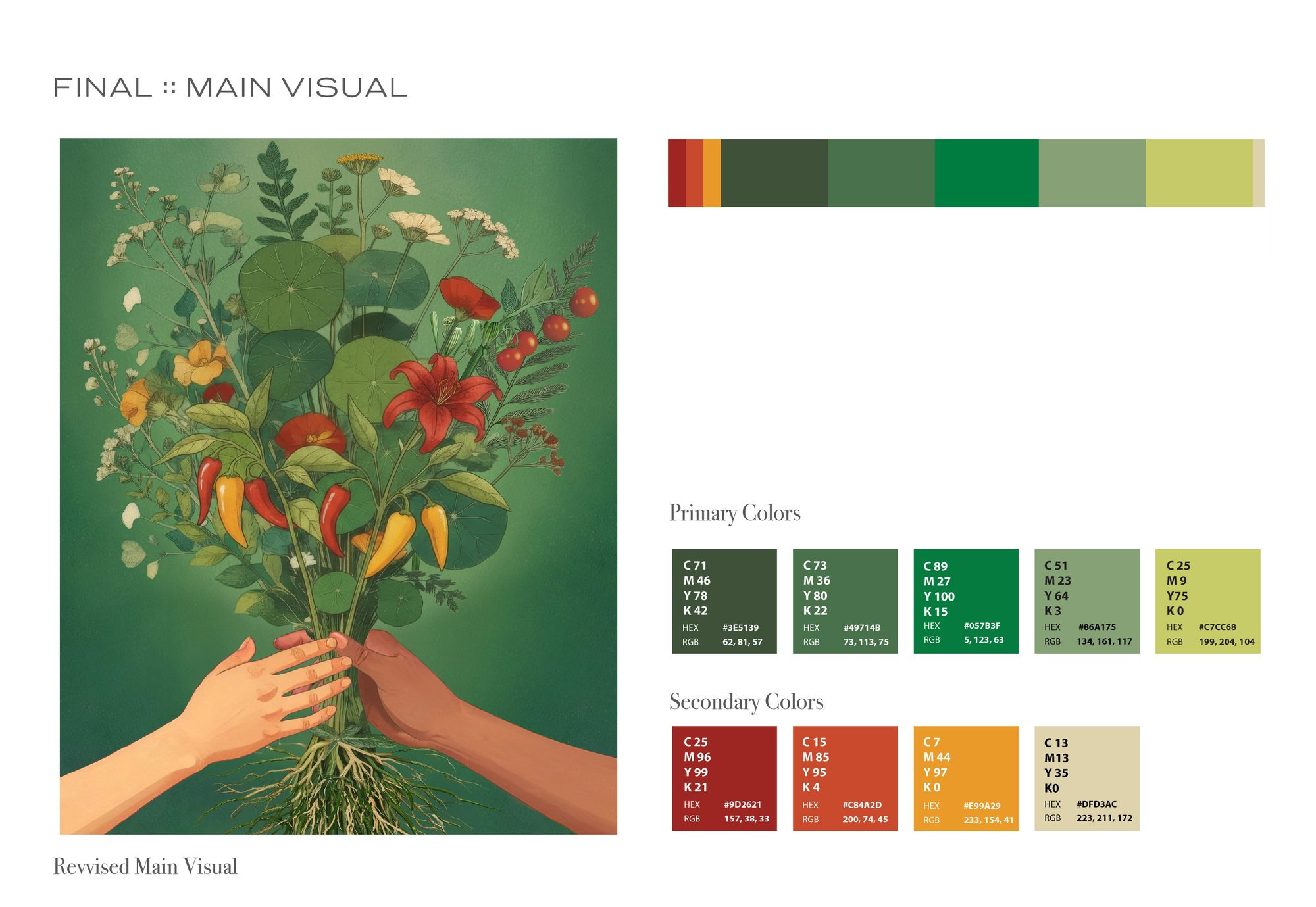 Final main visual with the campaign color swatches: five greens as primary colors and a deep red, tomato red, marigold and cream as secondary colors
