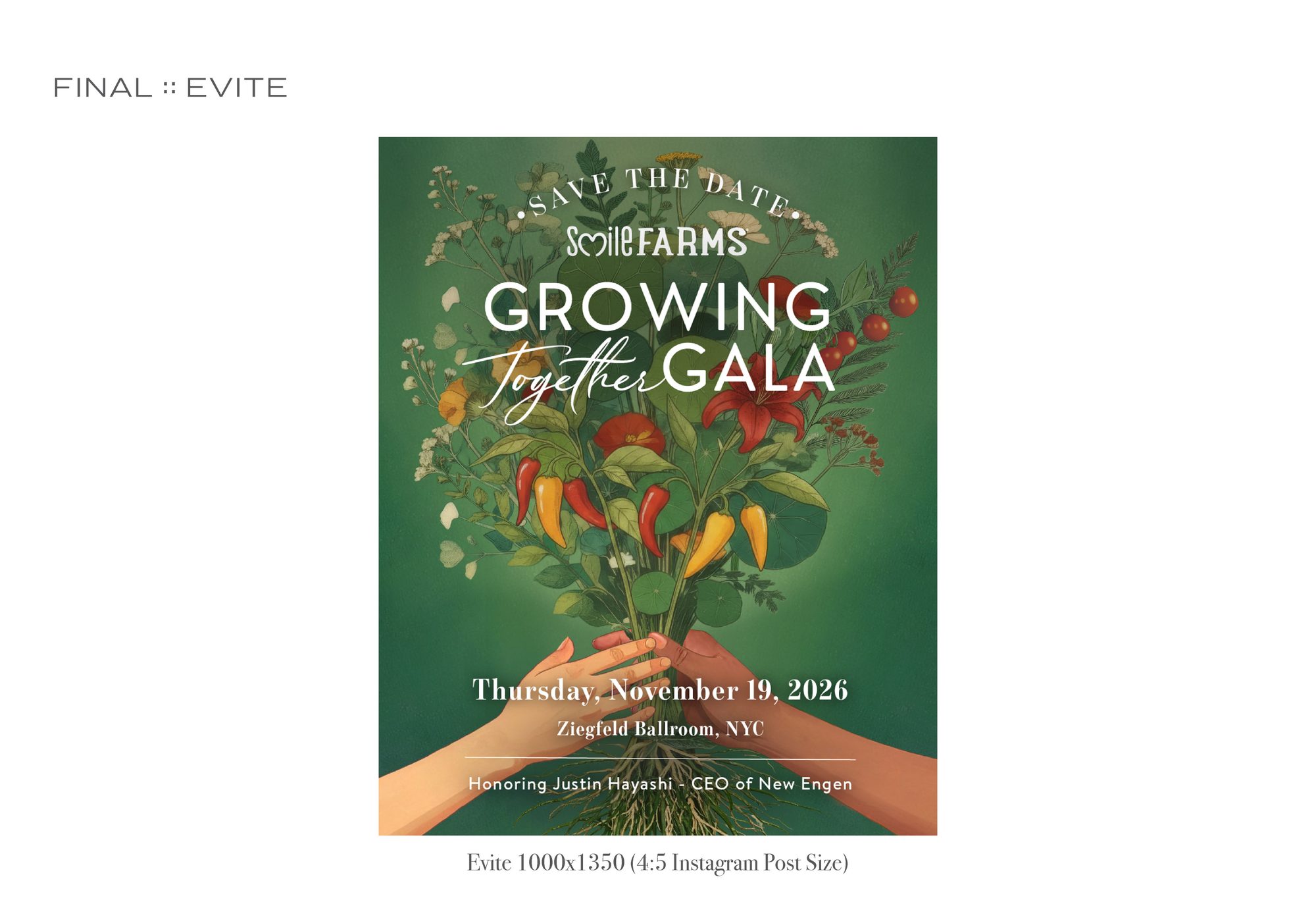 Save the date eVite at 1080 x 1350: Smile Farms Growing Together Gala at the Ziegfeld Ballroom, NYC, honoring Justin Hayashi