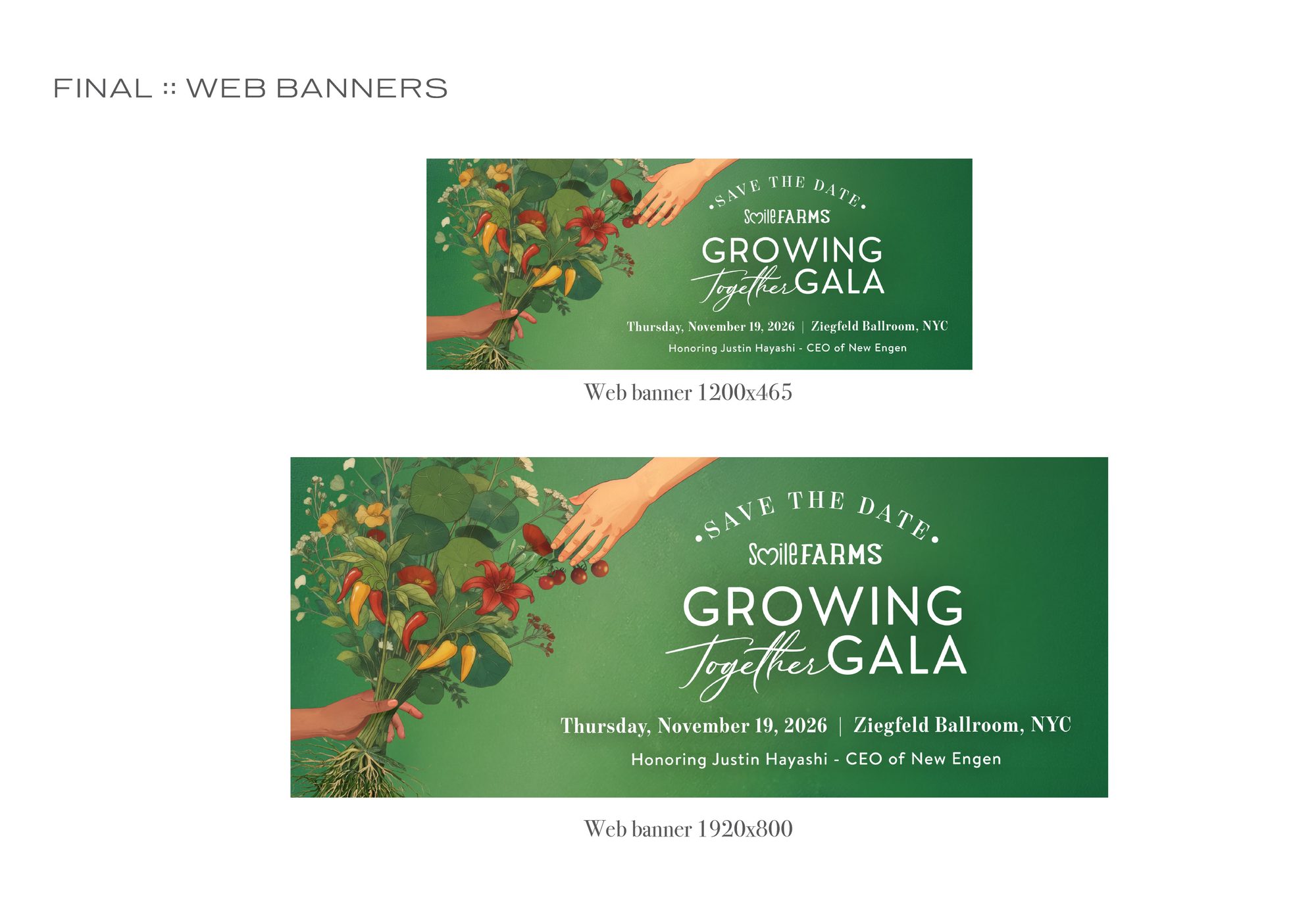 Save the date web banners at 1200 x 465 and 1920 x 800, with the hands and bouquet on the left and the event lockup on the right