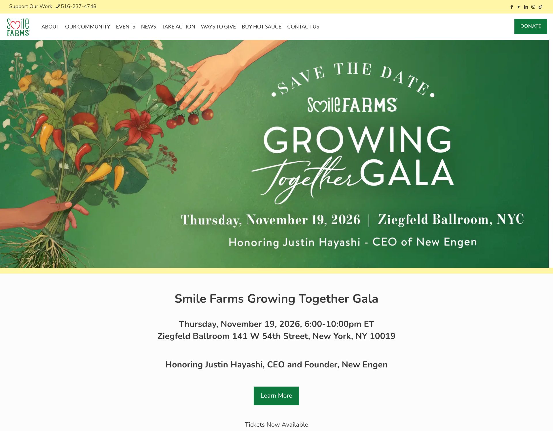 The 1920 x 800 save the date banner live at the top of the Growing Together Gala page on smilefarms.org