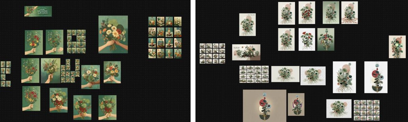 Two exploration clusters on the Firefly board: green bouquet frames of hands holding and passing flowers on the left, and cream and sage layered botanical compositions with cutouts on the right