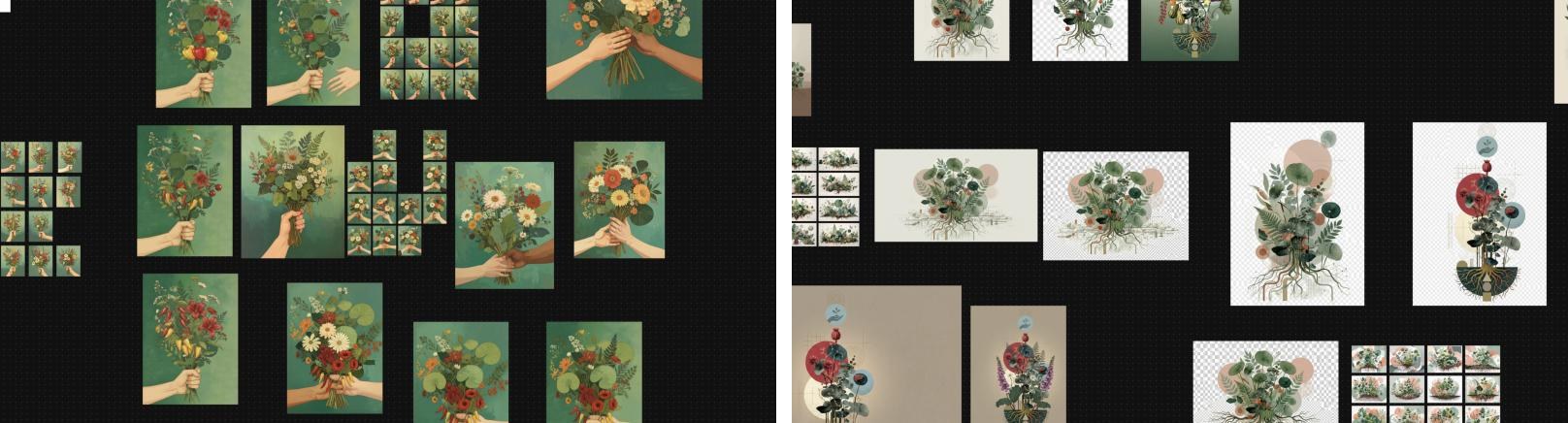 Close-ups from the Firefly board: hands passing wildflower and crop bouquets in several compositions, and layered botanical studies including transparent cutouts and vertical arrangements with red and blue circles