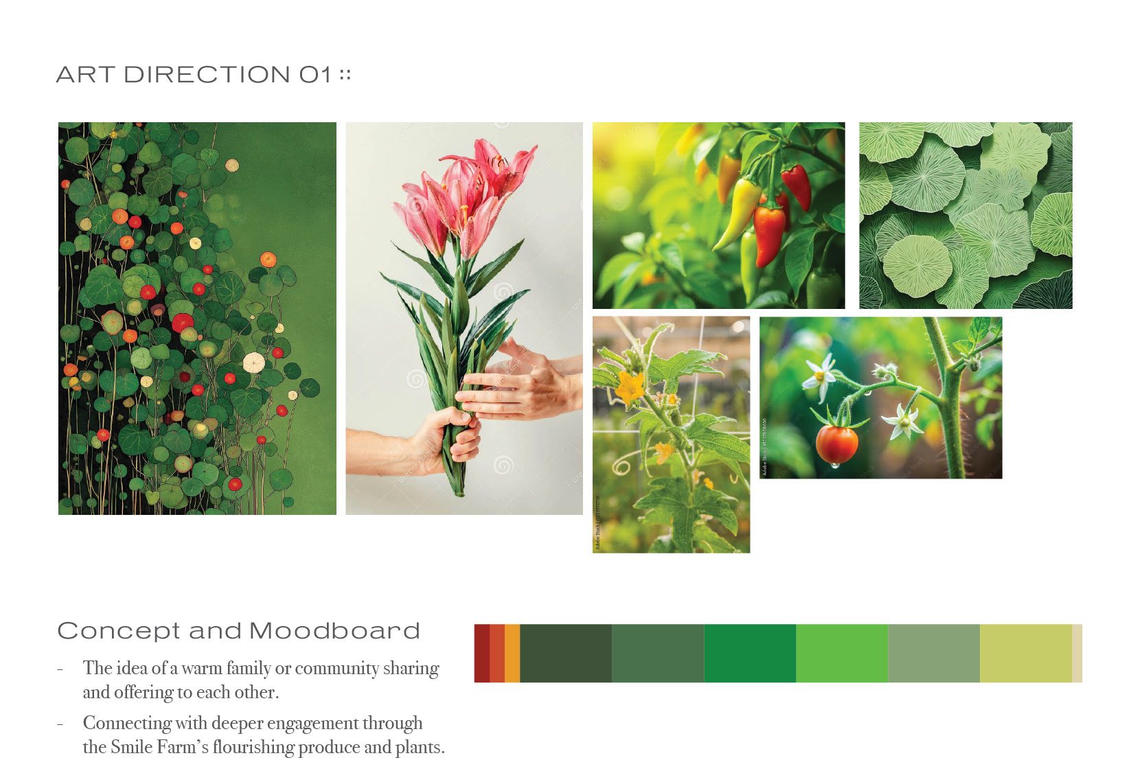 Round one concept and moodboard: a nasturtium wall, a hand offering lilies, chili peppers, nasturtium leaves, squash blossoms and cherry tomatoes, with the proposed green, red and gold palette