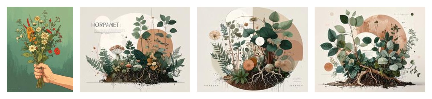Four Adobe Firefly exploration frames: a hand gripping a wildflower bouquet, and three botanical compositions with ferns, seed heads, broad leaves and exposed roots