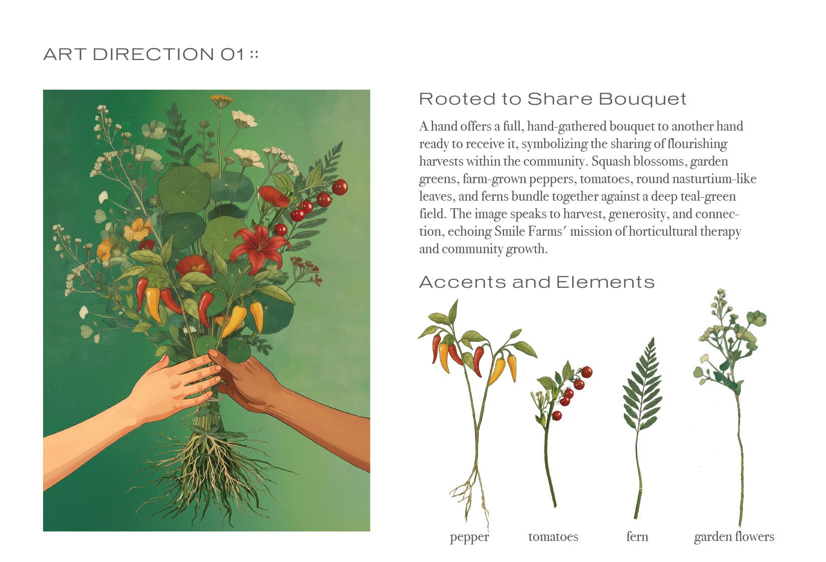 Art Direction 01, Rooted to Share Bouquet: two hands passing a bouquet with roots, plus pepper, tomato, fern and garden flower accents