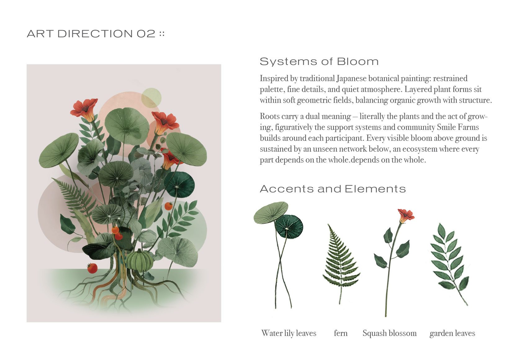 Art Direction 02, Systems of Bloom: a layered botanical composition of nasturtium leaves, ferns and poppies in soft geometric fields, plus water lily, fern, squash blossom and garden leaf accents