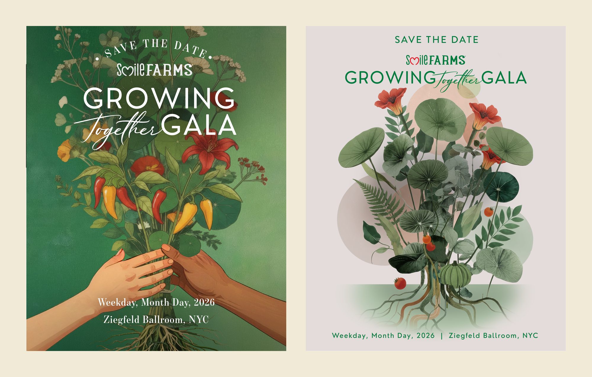 Side-by-side save the date eVites for Direction 01 on deep green and Direction 02 on soft blush