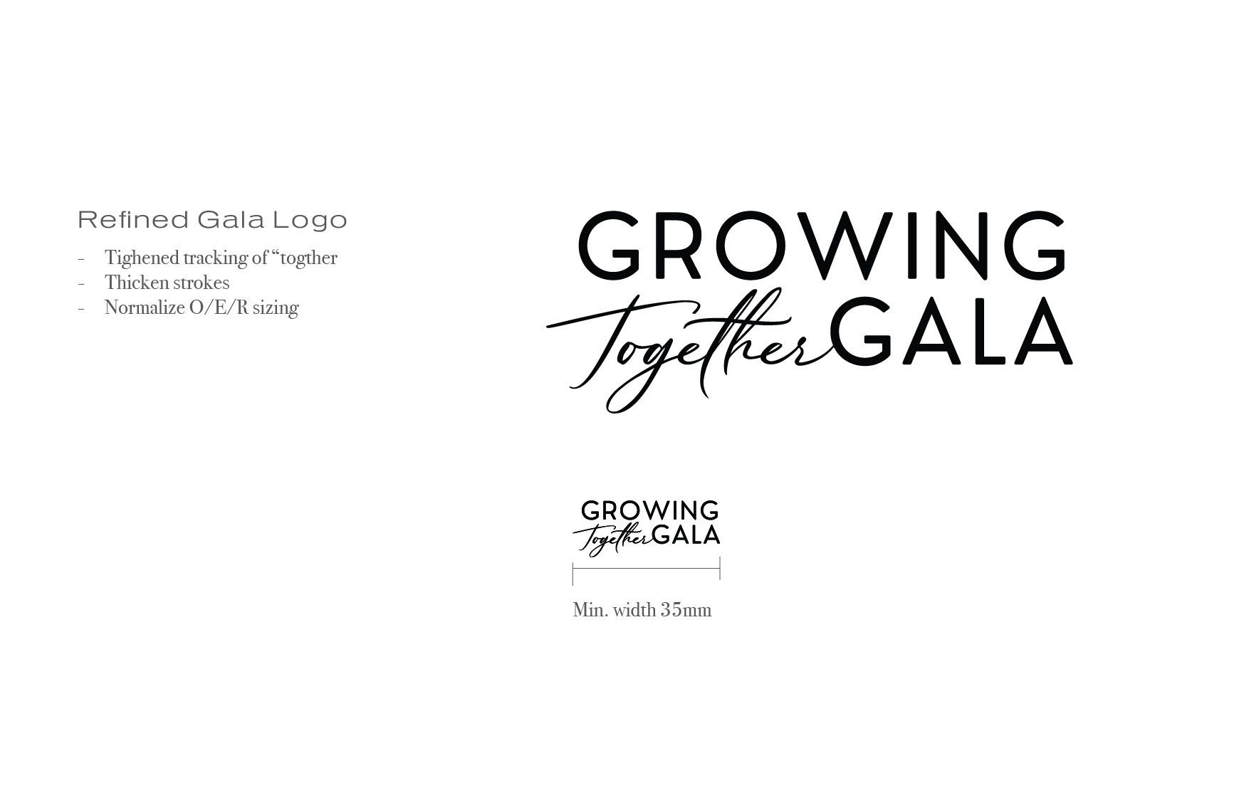 Refined Growing Together Gala logo with notes on tightened tracking, thicker strokes, normalized O, E and R sizing, and a 35mm minimum width