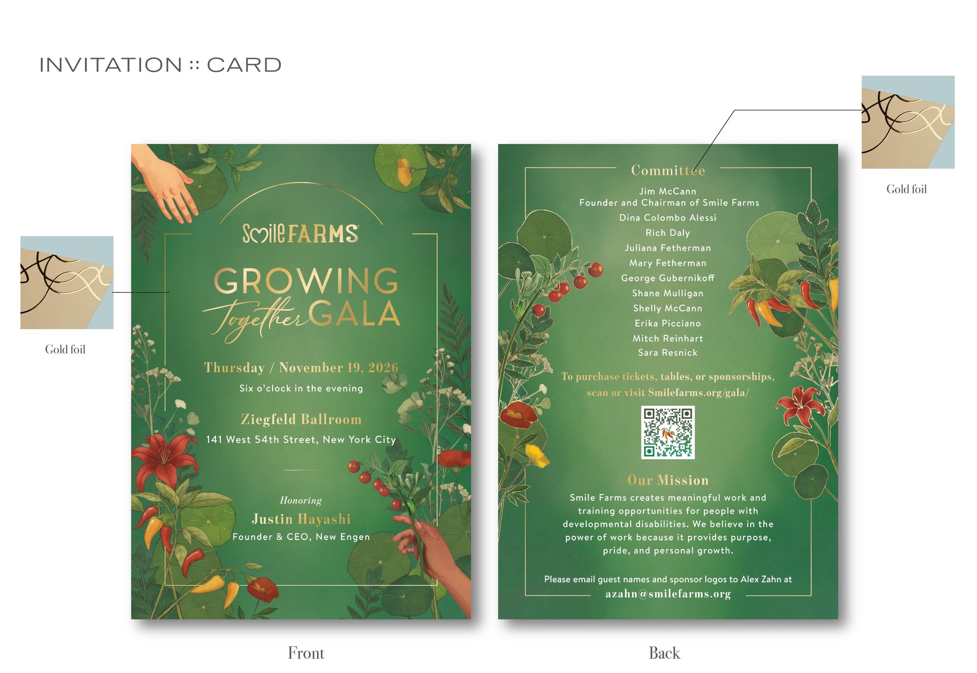 Invitation front and back with callouts showing where gold foil is applied