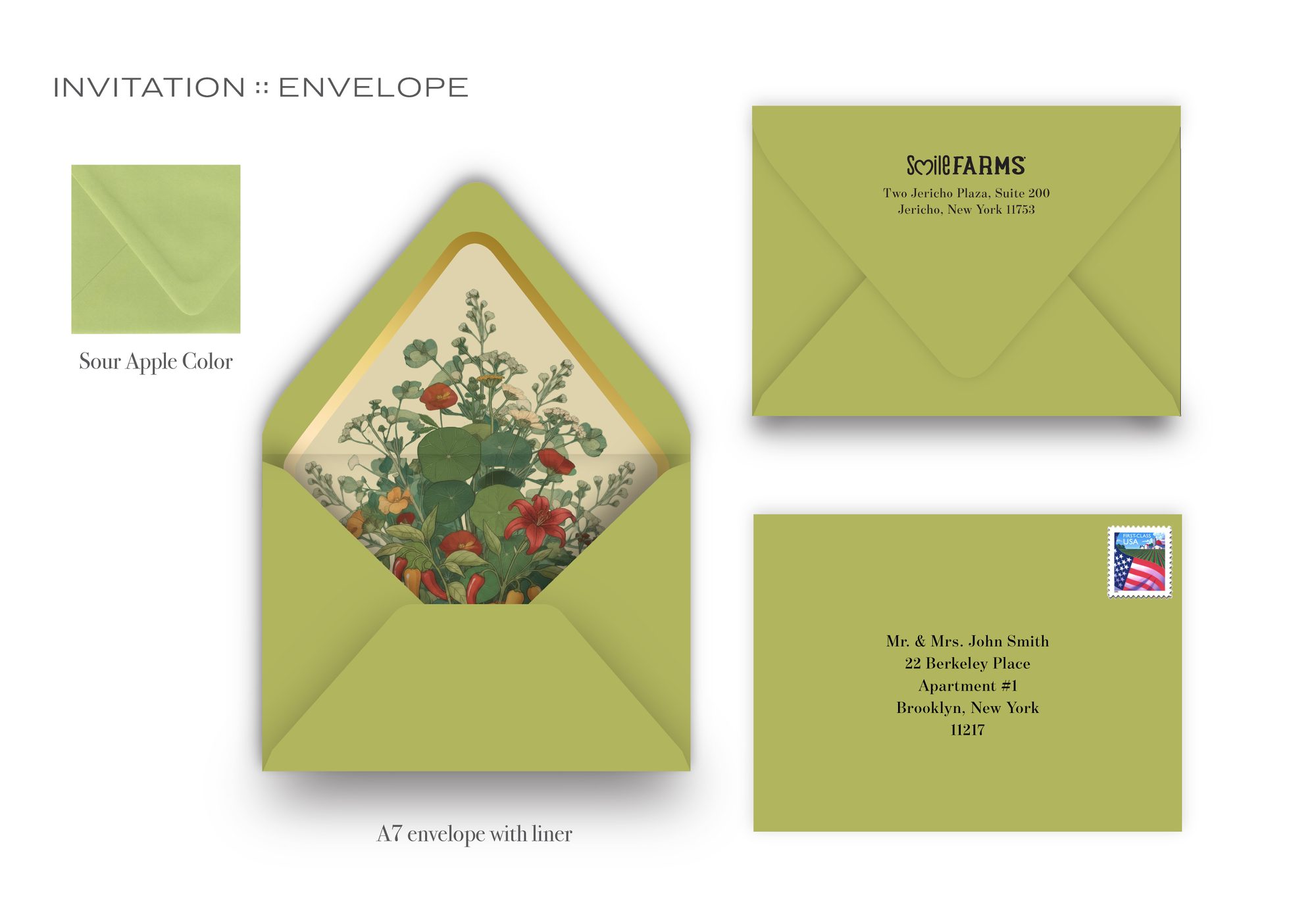 Sour Apple A7 envelope with the botanical liner, plus the front and back of the addressed envelope