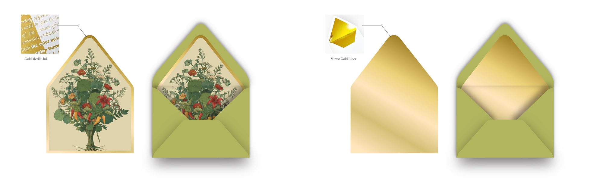 Envelope liner option one with the bouquet on cream in gold metallic ink, next to option two, a mirror gold liner