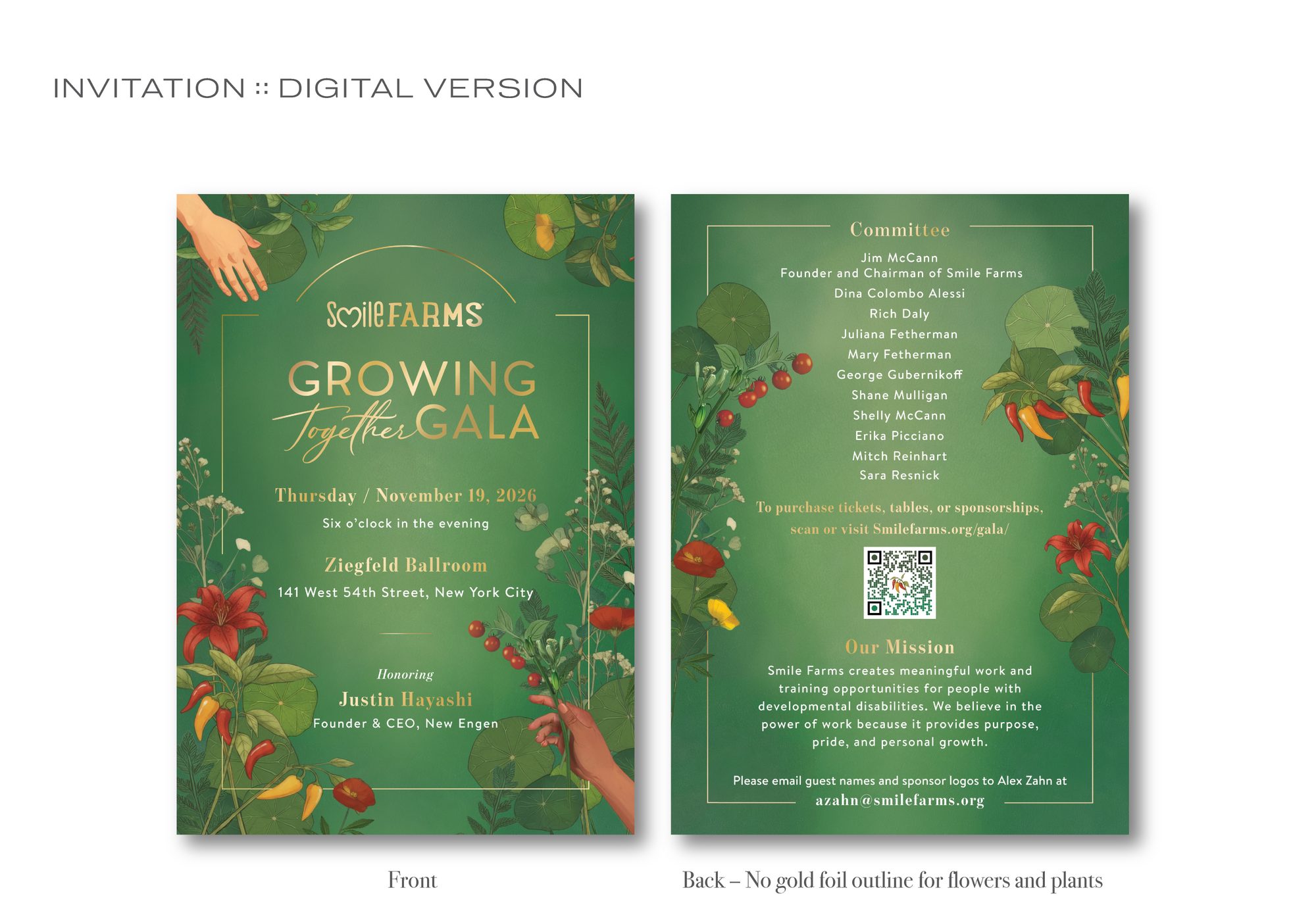 Digital version of the invitation front and back, with the gold foil outline removed from the flowers and plants on the back