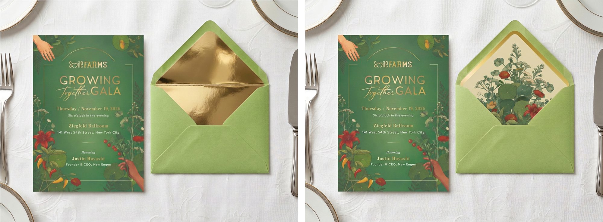 Firefly staging of the invitation on a white tablecloth beside a Sour Apple envelope, one with a mirror gold liner and one with the bouquet liner