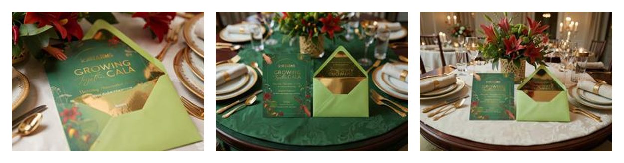 Three Firefly scene variations of the invitation on gala tables: a macro close-up, a green-linen banquet table and a candlelit dining room