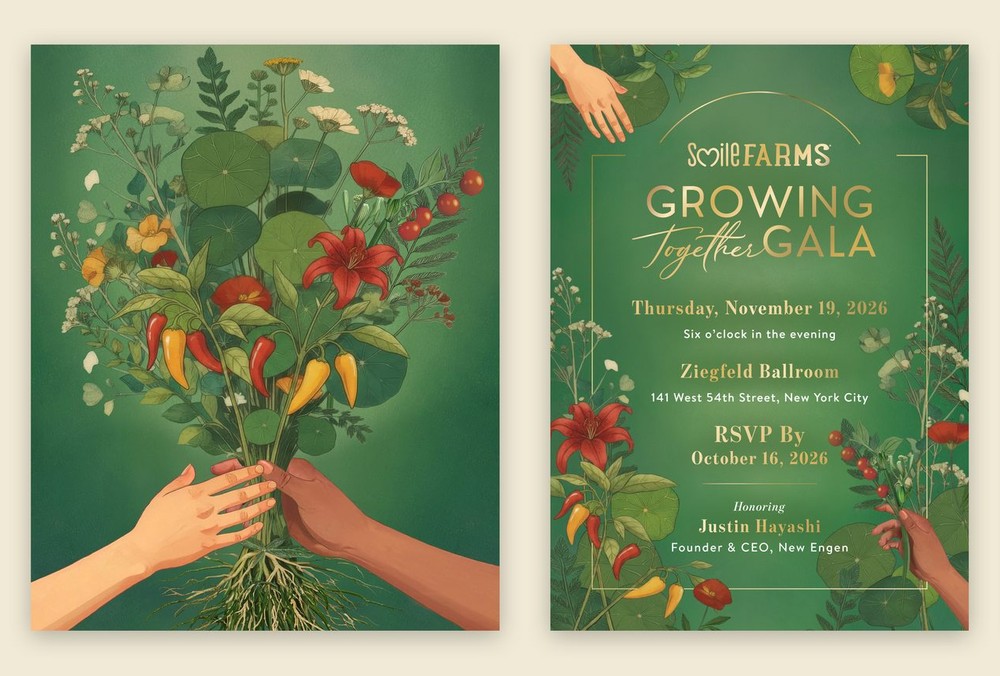 Smile Farms Growing Together Gala bouquet main visual beside the printed invitation