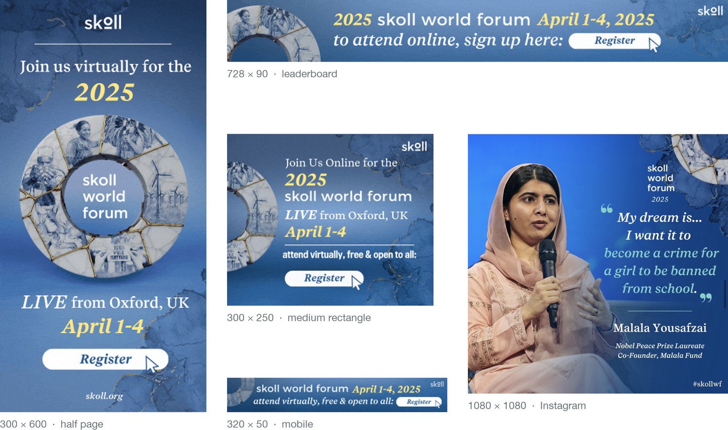 The 2025 virtual registration campaign across placements: a 300x600 half page, 728x90 leaderboard, 300x250 medium rectangle, 320x50 mobile banner and a 1080x1080 Instagram quote graphic featuring Malala Yousafzai, all carrying the kintsugi ring and gold-veined blue field.