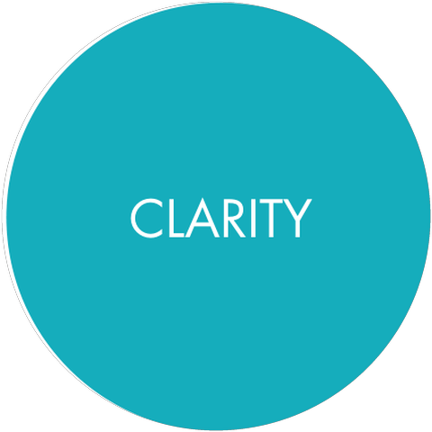 Turquoise circle labeled Clarity, taken from the brand manual.