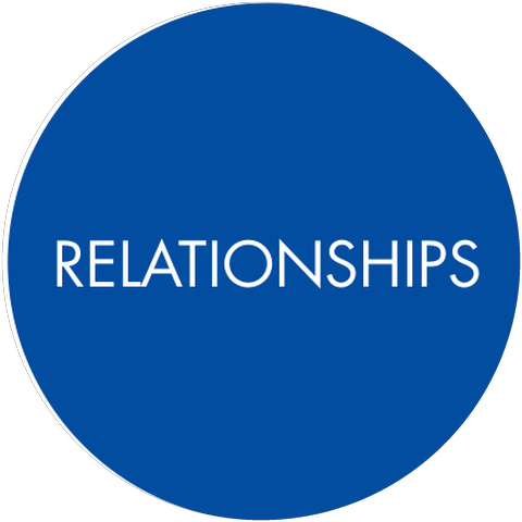 Dark blue circle labeled Relationships, taken from the brand manual.