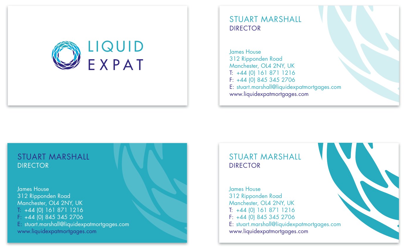 Four business card designs: a white face carrying only the logo, a white face with pale watermark and contact details, a turquoise flood card with tone-on-tone watermark, and a white card with a full-strength turquoise watermark.