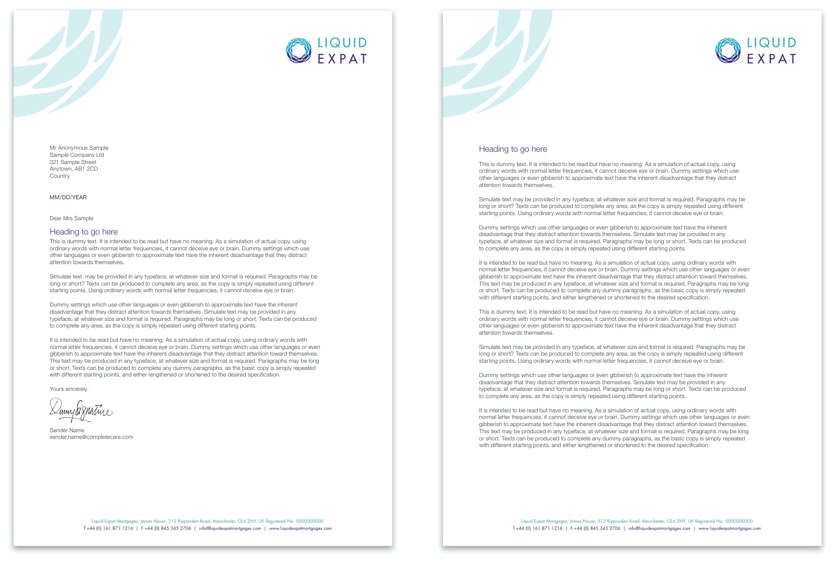 Letterhead and continuation sheet: both carry a pale watermark top left and the full color logo top right, with a footer rule in turquoise and dark blue.