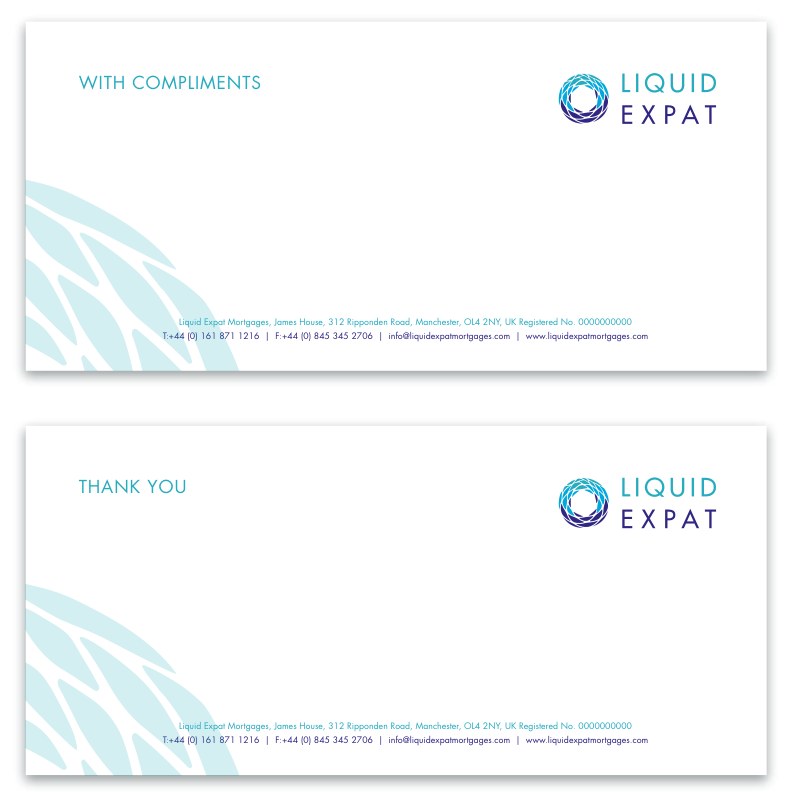 Two compliment slips, one reading WITH COMPLIMENTS and one reading THANK YOU, each with the logo top right and a pale watermark rising from the lower left.