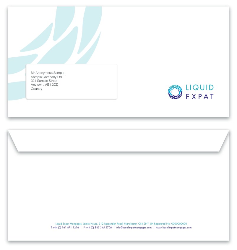 DL window envelope front and back: watermark across the upper left, logo at lower right, address visible through the window, and the registered-company footer on the reverse.