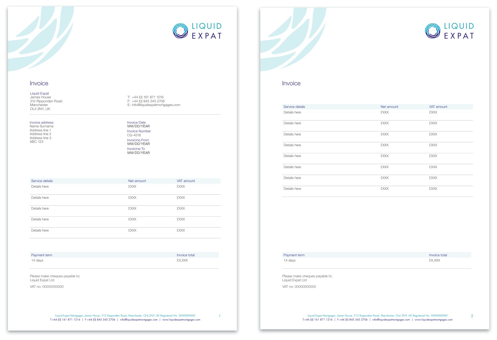 Invoice and continuation sheet with tinted table header bands, columns for service details, net amount and VAT amount, and a payment term and invoice total band at the foot.
