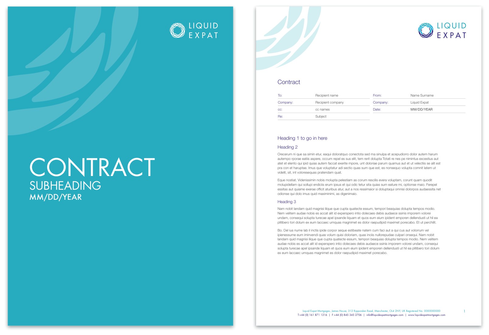 Contract cover flooded in turquoise with a tone-on-tone watermark and the reversed white logo, beside a white interior page with a routing table and numbered headings.