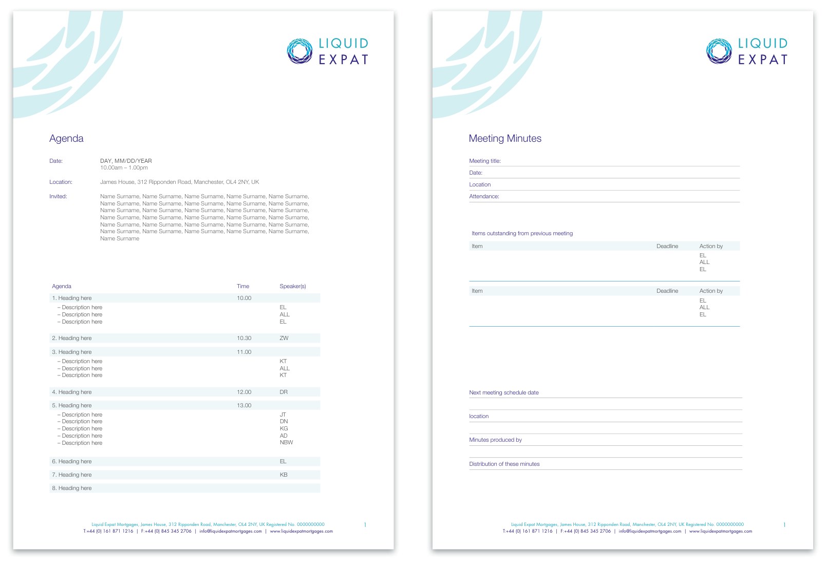 Two Microsoft Word templates: an agenda with a timed, speaker-attributed table, and a meeting minutes form with ruled fields for attendance, outstanding items and actions.