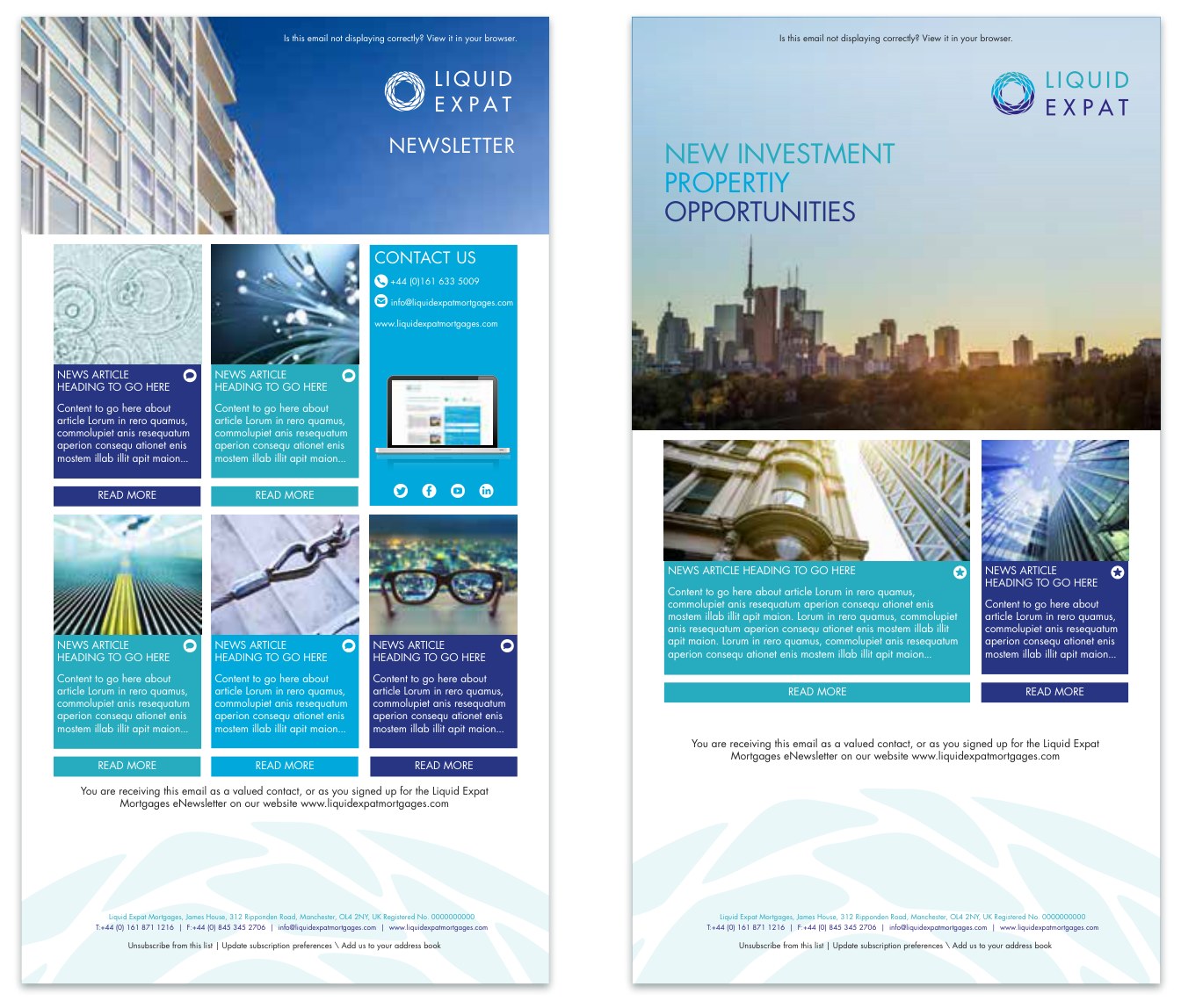 Two email marketing templates: a newsletter with a six-card grid of news articles and a turquoise contact panel, and an investment opportunities email with a full-width city photograph and two article cards.