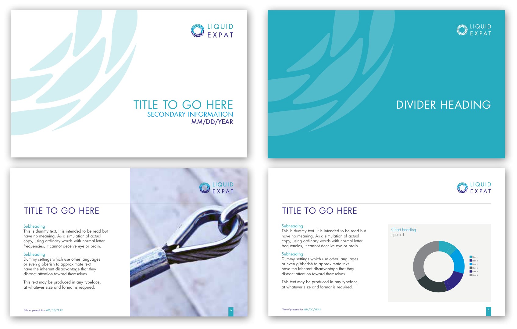 Four PowerPoint master slides: a white cover with pale watermark, a turquoise divider with tone-on-tone watermark, a text and photograph layout, and a text and donut chart layout.