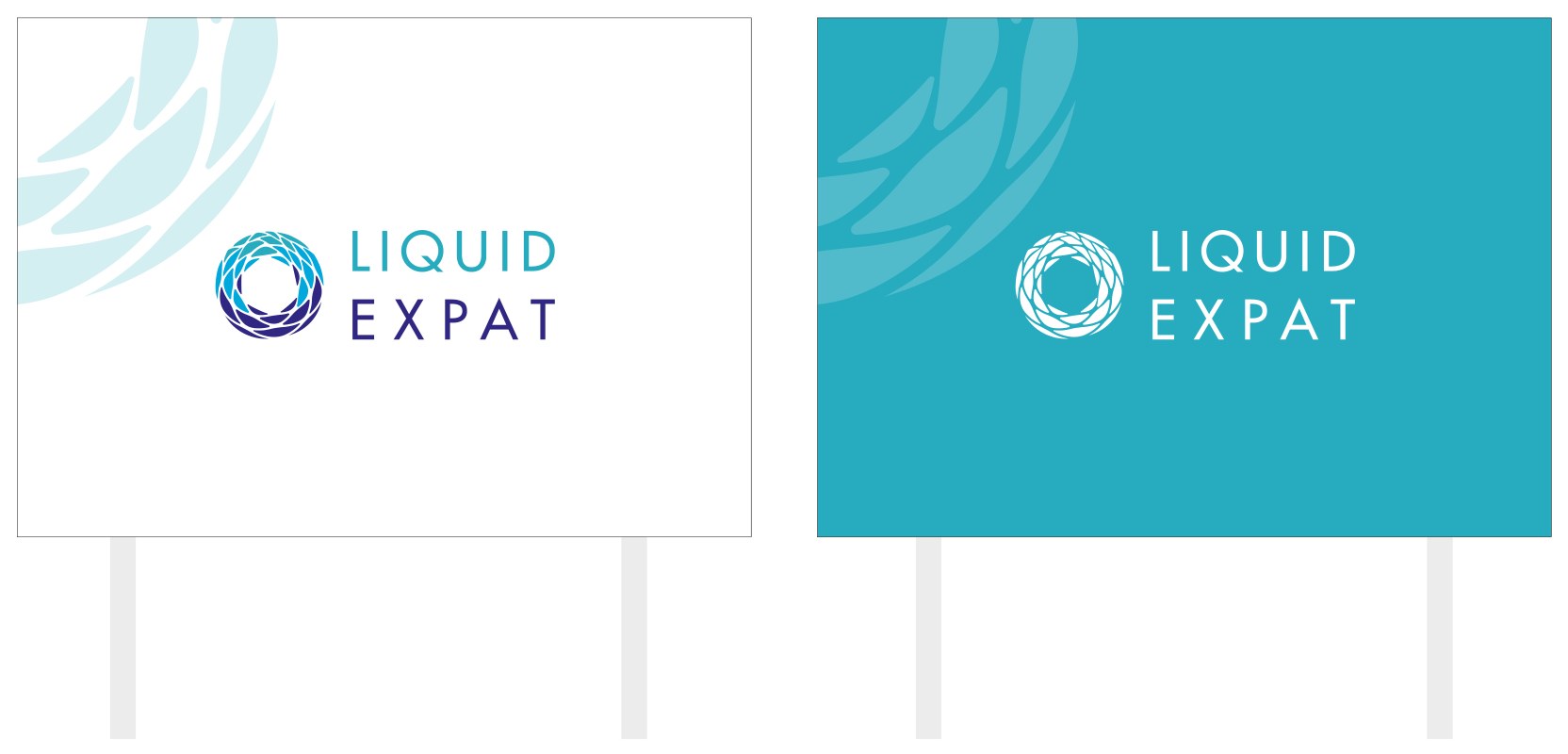 Two external signs on posts: a white sign carrying the full color logo with a pale watermark, and a turquoise sign carrying the reversed white logo with a tone-on-tone watermark.