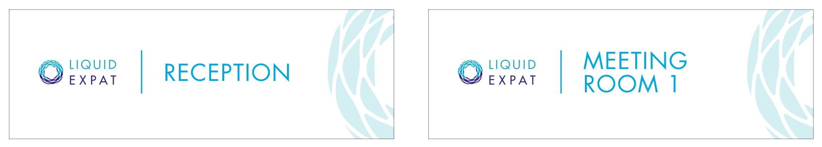 Two internal door signs in a long horizontal format: one reading RECEPTION and one reading MEETING ROOM 1, each with the logo at left, a turquoise divider rule, and a watermark at the right end.